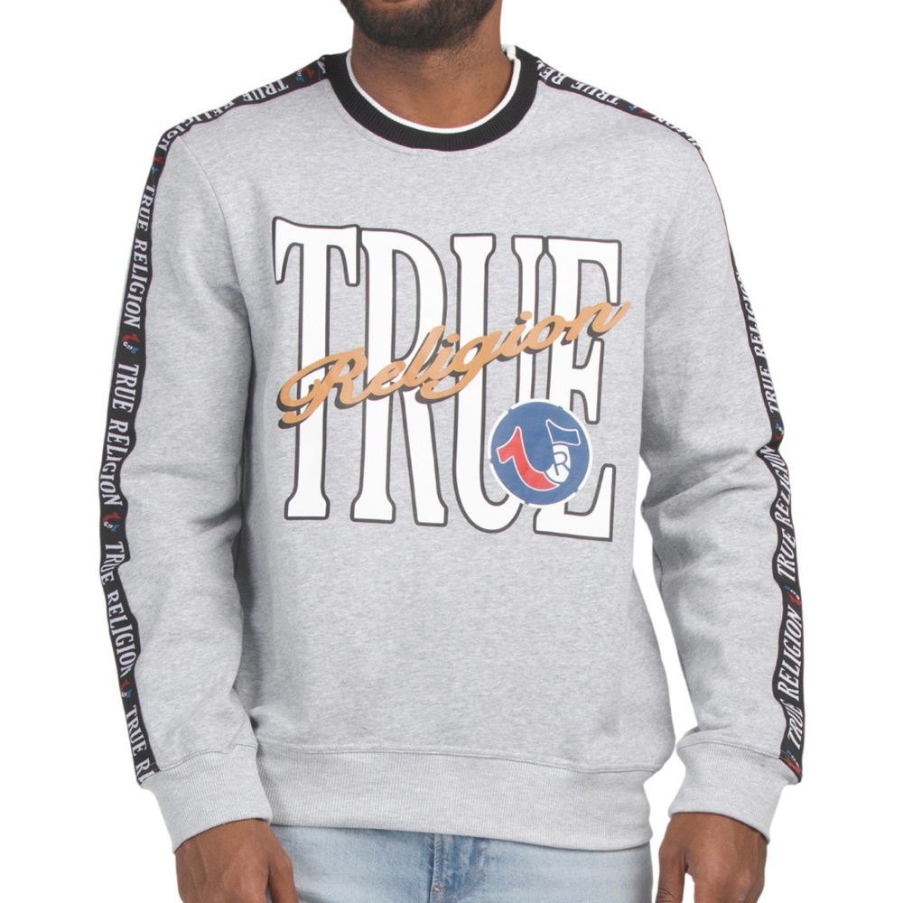 True Religion Light Gray Crewneck Sweater with Bold Logo